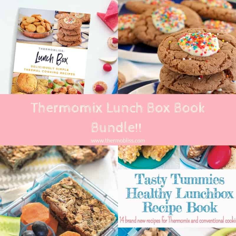 A collage of photos on recipe books with the text - Thermomix Lunch Box Bundle