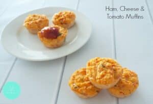 Ham, cheese and tomato muffins served with relish.