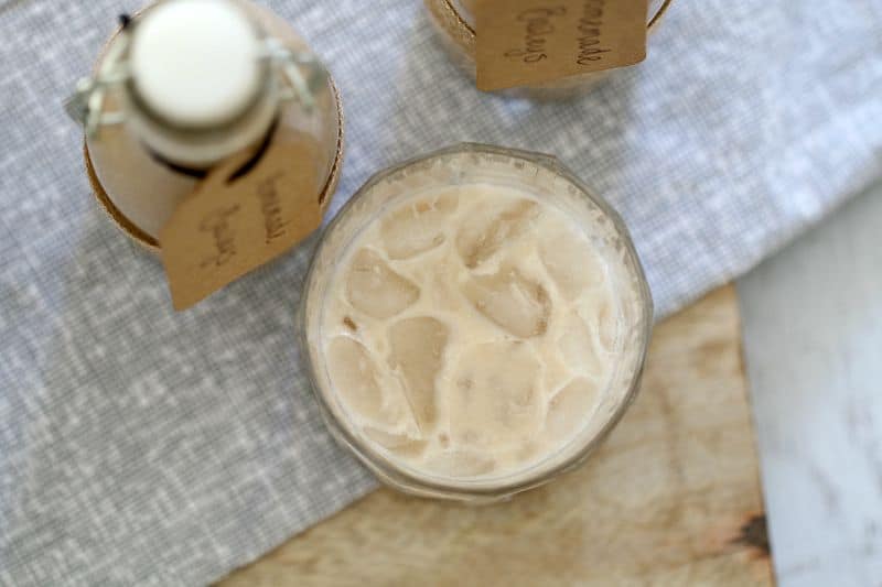 An overhead shot of a glass filled with Thermomix Baileys.