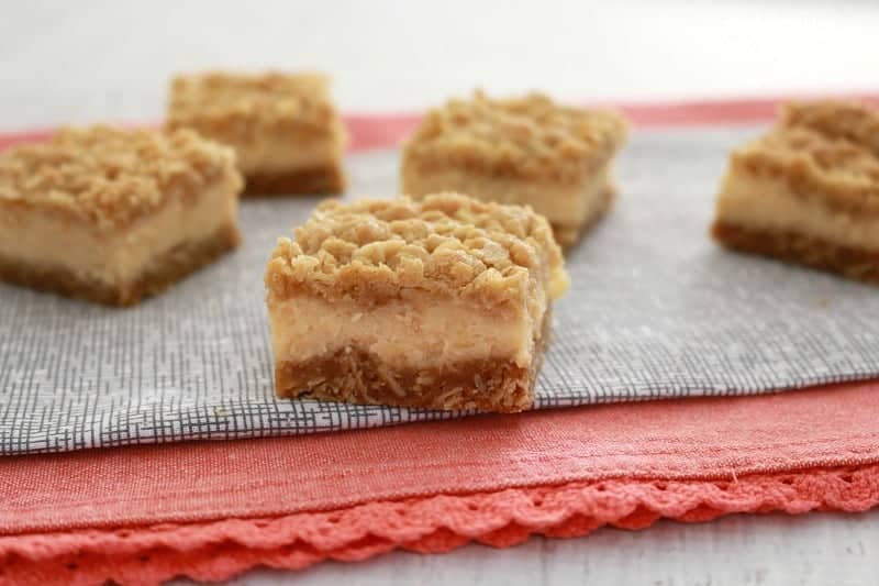 Pieces of lemon crumble slice with a lemon filling over the base, and a sweet crumble topping