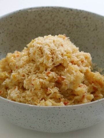 A grey bowl filled with a rice risotto made with chicken and leek, and grated parmesan on top.