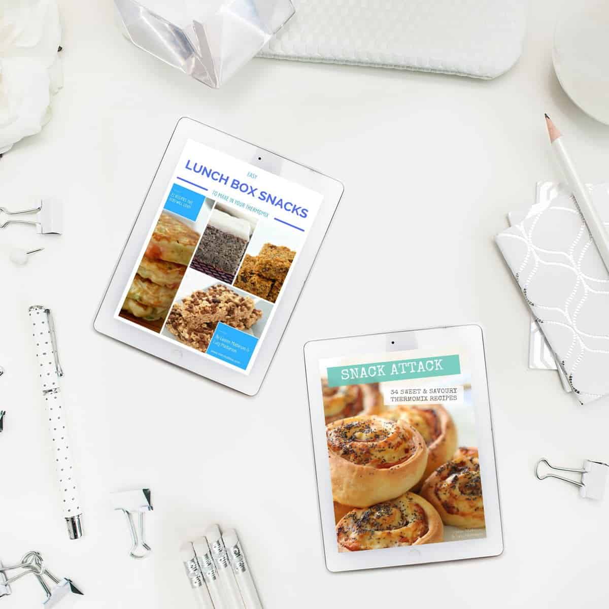 Two recipe book covers on a bench - Thermobliss Lunchbox Bundle