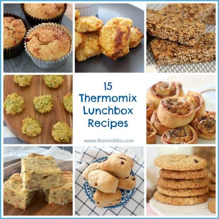 A collage of baked snacks with text - 15 Thermomix Lunch Box Recipes