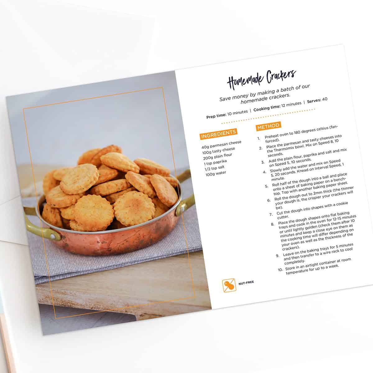 Image of Thermomix Lunch Box recipe book opened up to the recipe for Homemade Crackers.