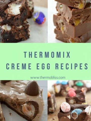 A collage of chocolatey sweet treats, with text - Thermomix Creme Egg Recipes