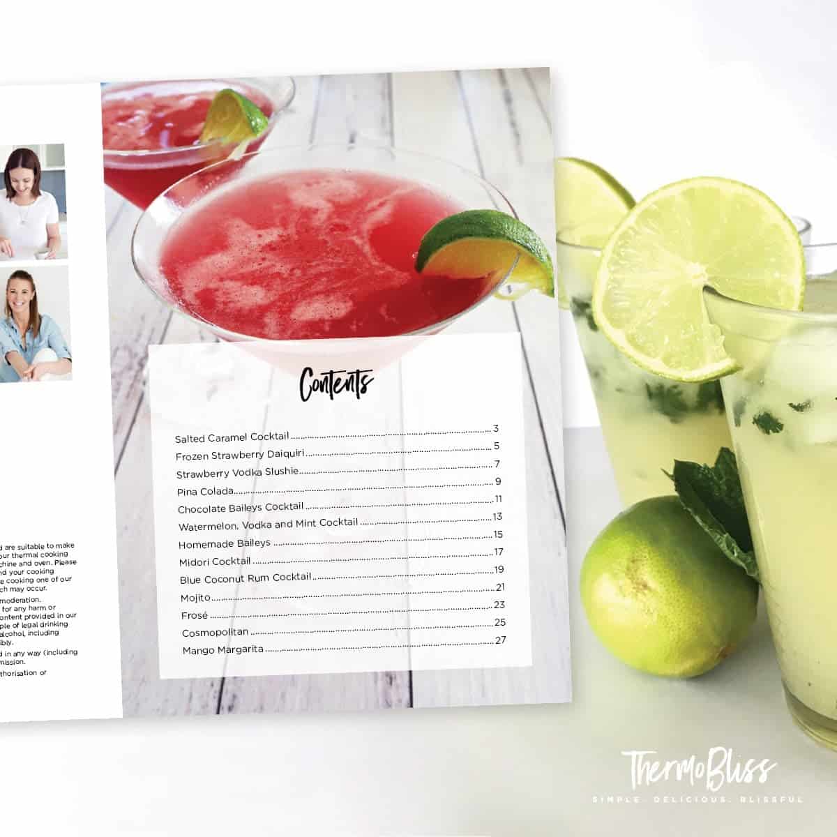 Image of the contents page from the ThermoBliss Cocktails cookbook volume 1.