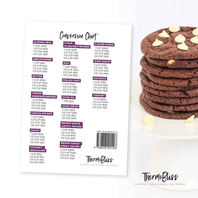 Image of back cover of Thermomix Chocolate Cookbook showing conversation table on the back cover.