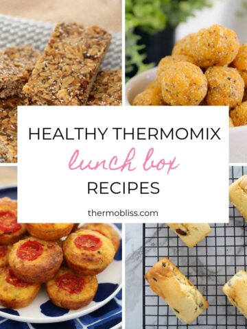 A collage of snacks with text Healthy Thermomix Lunch Box Recipes