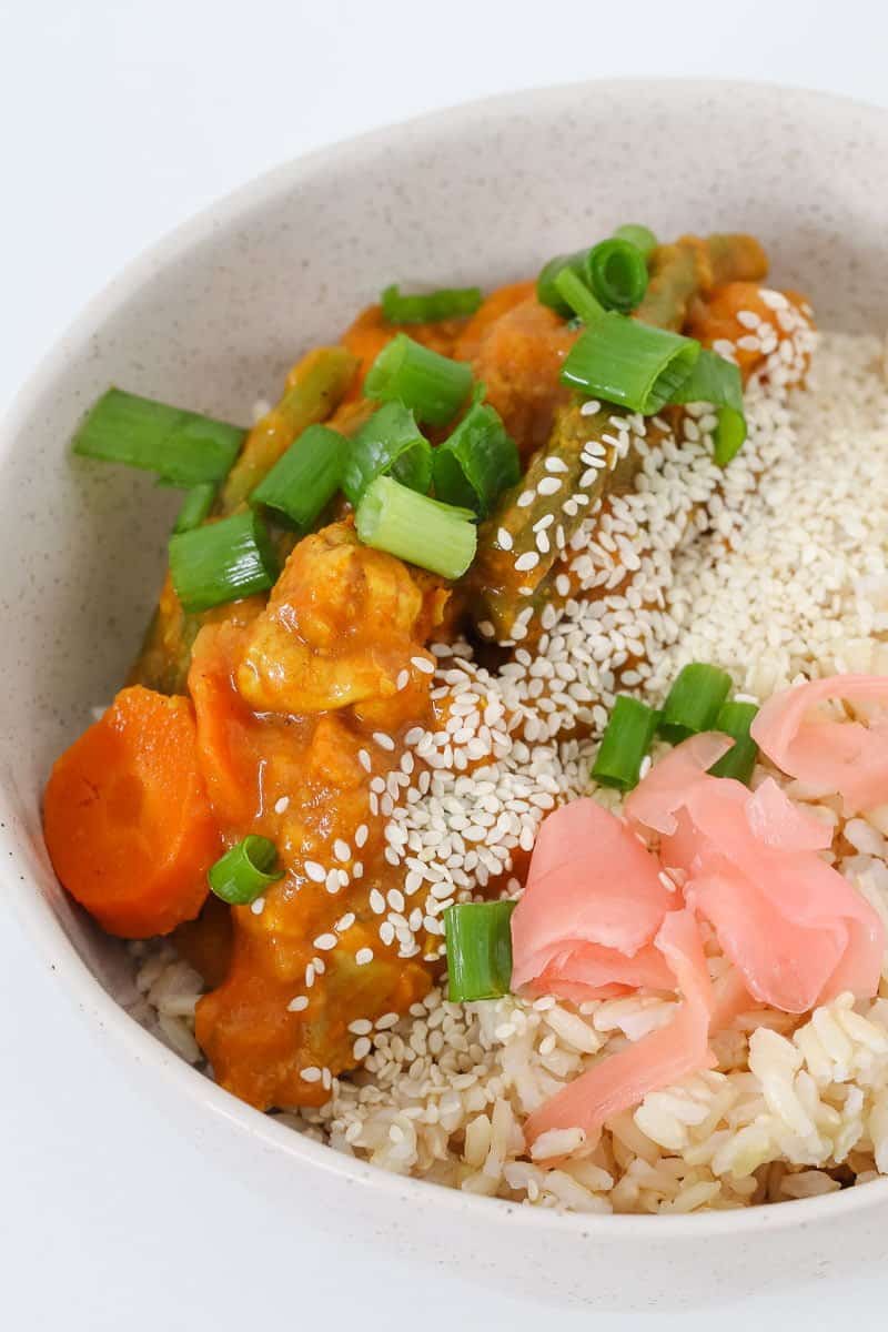 A family-friendly Thermomix Japanese Chicken Curry that's perfect for an easy midweek dinner! Serve with rice, spring onions and picked ginger. 