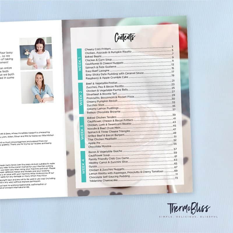 Image of the contents page from Thermomix Month of Dinners Volume 1 Cookbook.