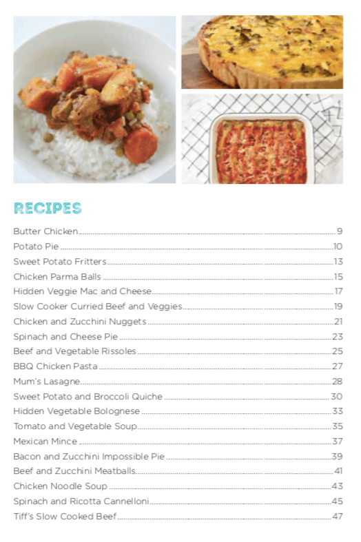 Image of contents page from a Family Dinners Made Easy book.