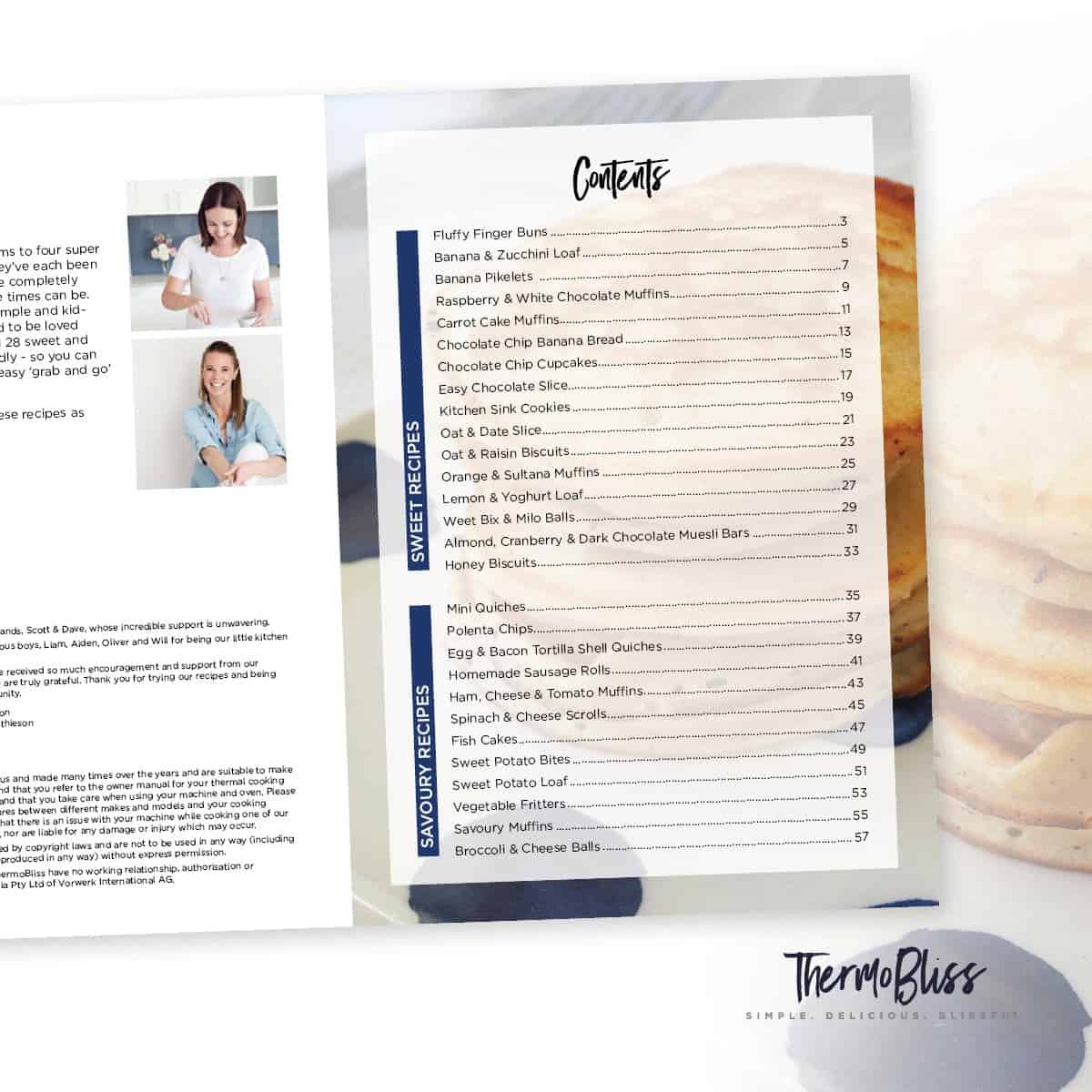 Image of the contents page from the inside of Thermomix Kids Snacks Cookbook.