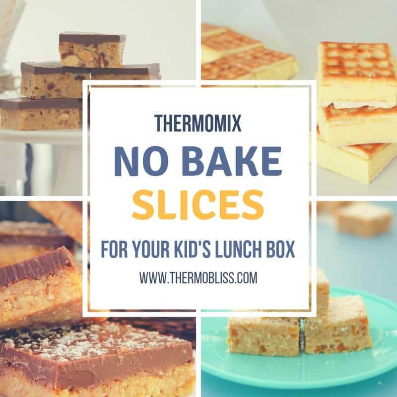 The cover of a recipe book - Thermomix No Bake Slices for your Kids Lunch Box