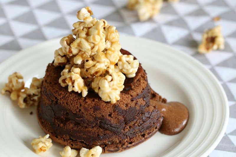 A chocolate fondant topped with salted caramel popcorn.