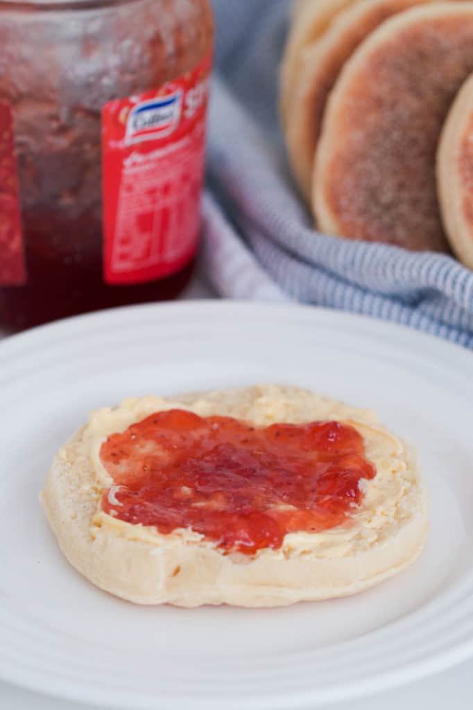 Jam spread over a homemade English muffin.
