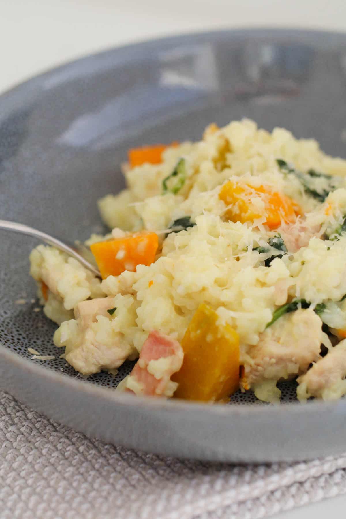 A blue bowl filled with creamy risotto and chicken, pumpkin and spinach.