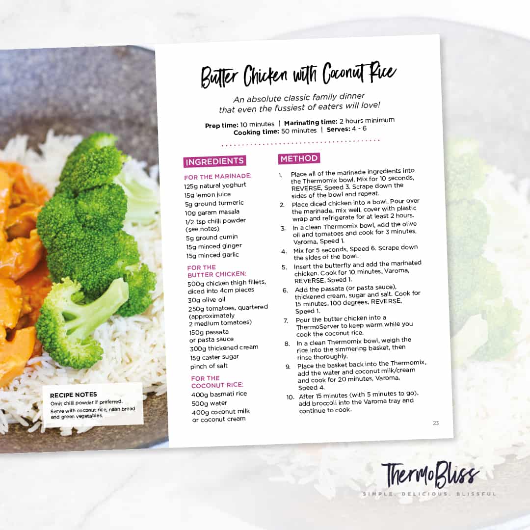 Image of Butter chicken recipe from a month of Thermomix Dinners Volume 3 cookbook.