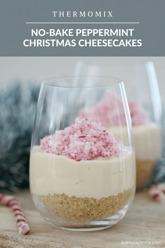 Glass jars filled with crushed candy cane peppermint cheesecakes.