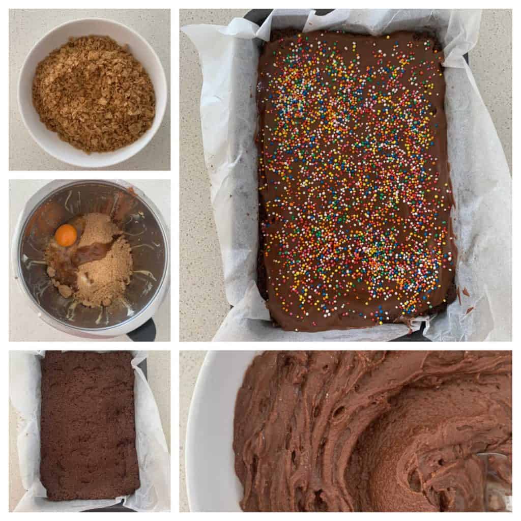 collage of steps to make weetbix slice