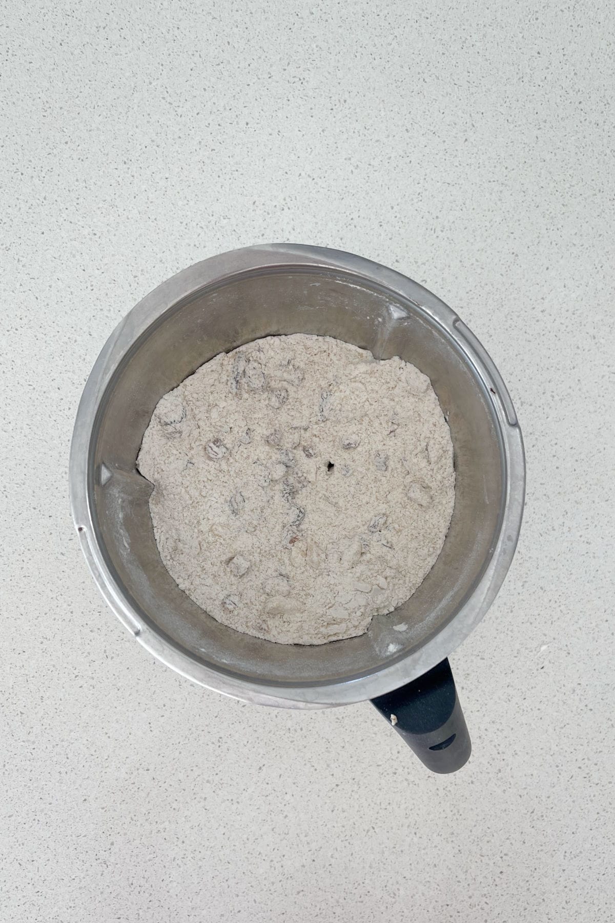 Fruit loaf mixture in a thermomix bowl.
