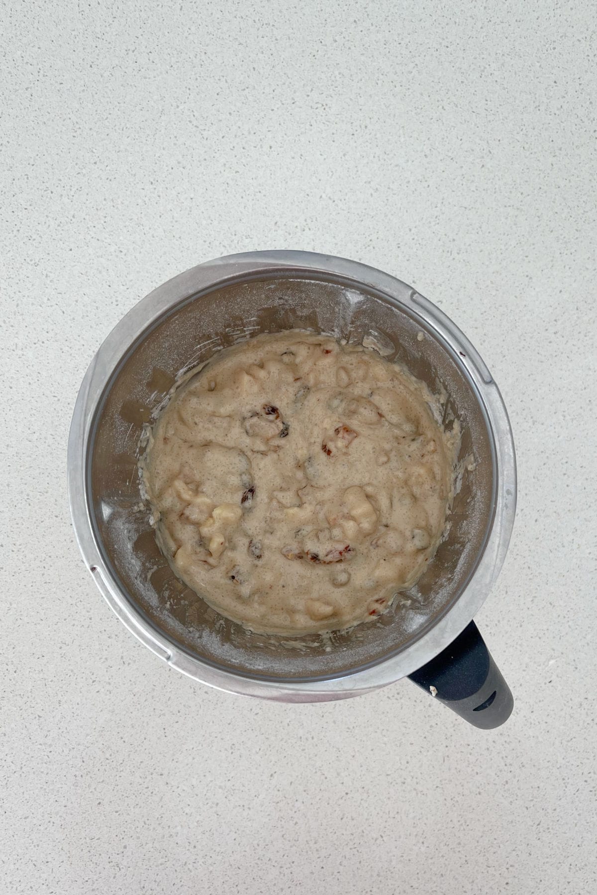 Fruit Loaf mixture in a thermomix bowl.
