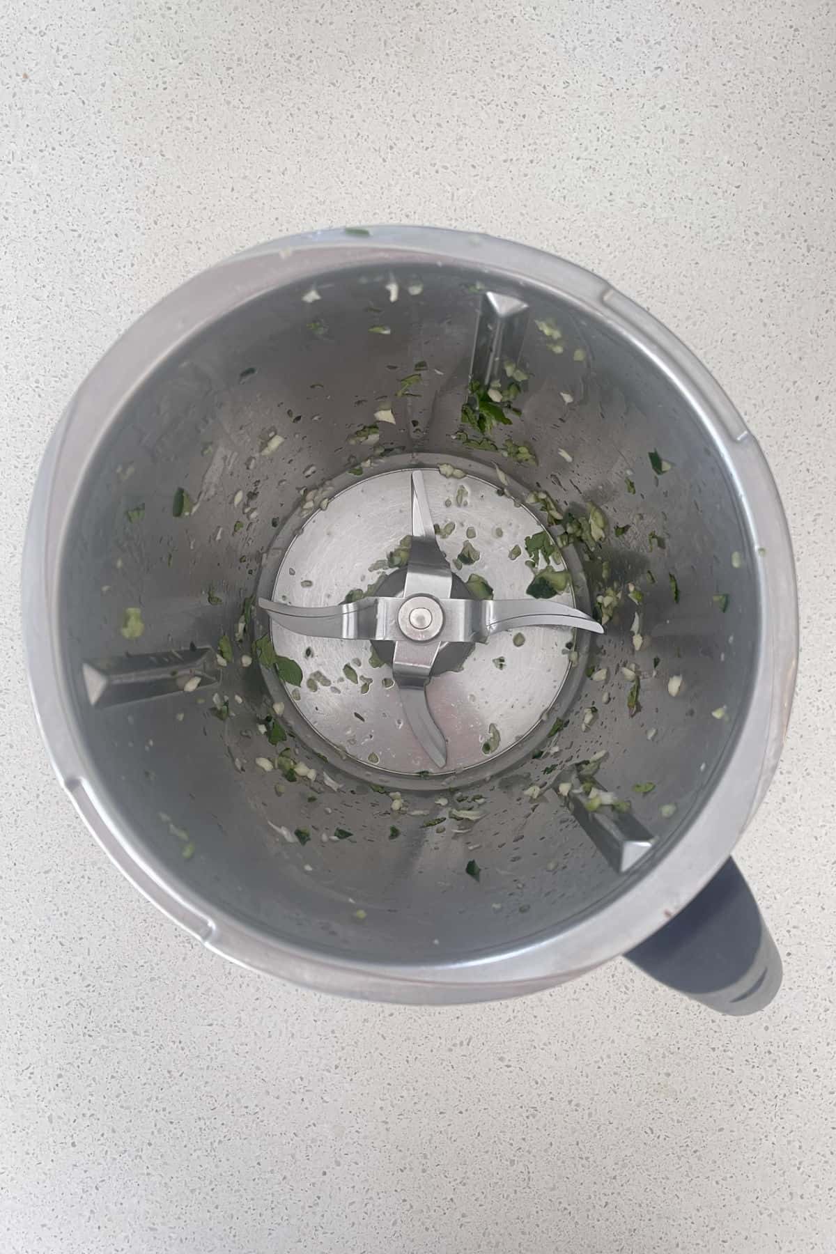 garlic and mint in a thermomix bowl.