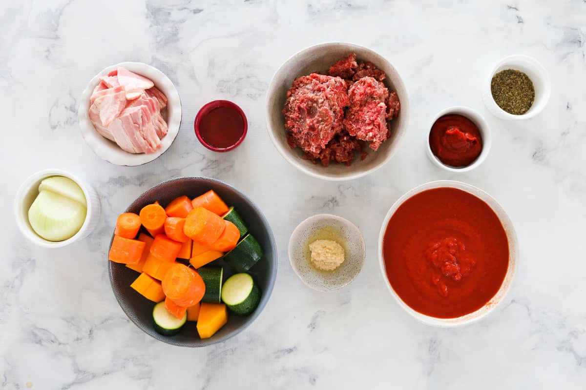 The ingredients for vegetable and beef bolognese.