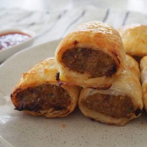 sideview of stack of homemade sausage rolls