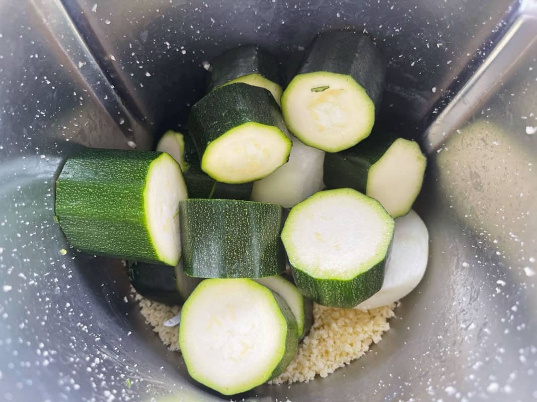 Chunks of zucchini in a Thermomix.
