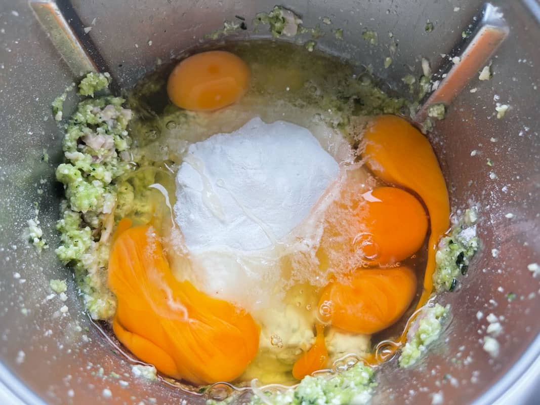 Eggs, flour and zucchini mixture in a Thermomix.