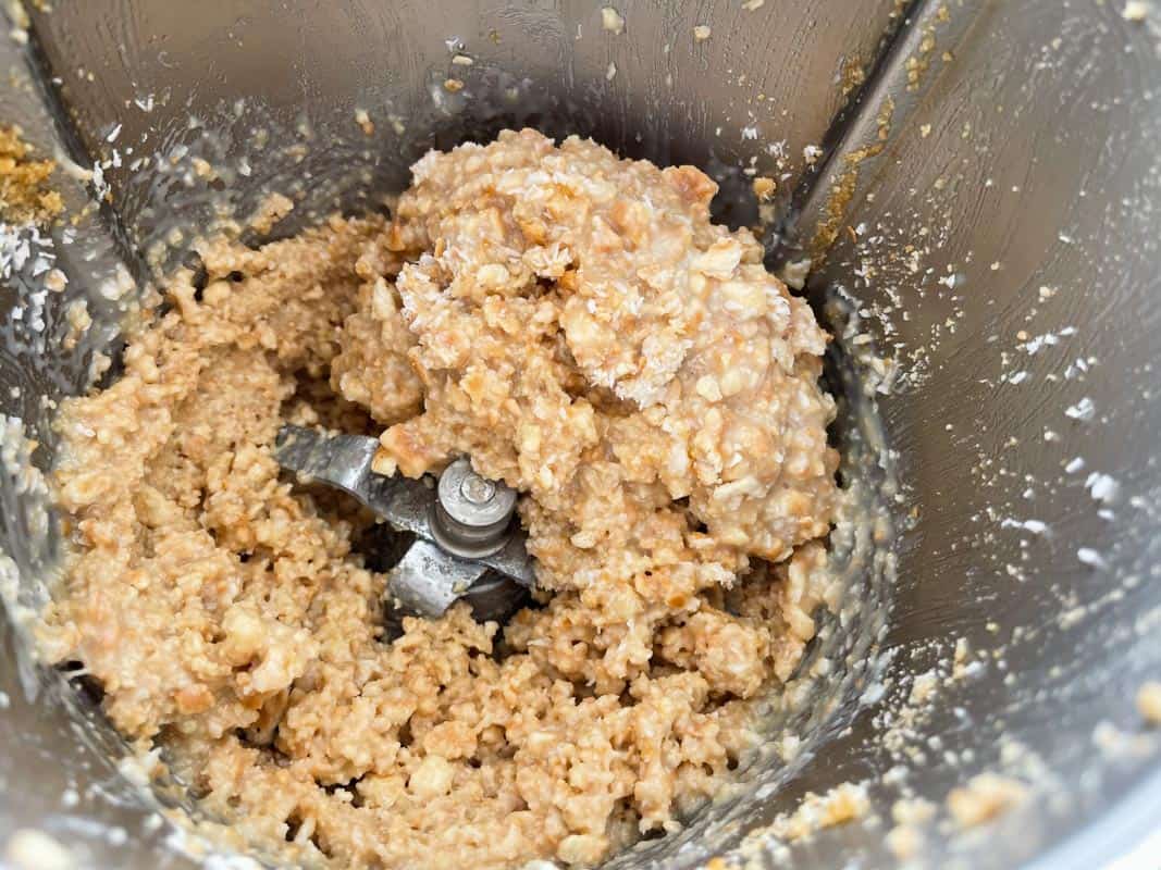 A condensed milk and biscuit mixture in a Thermomix.