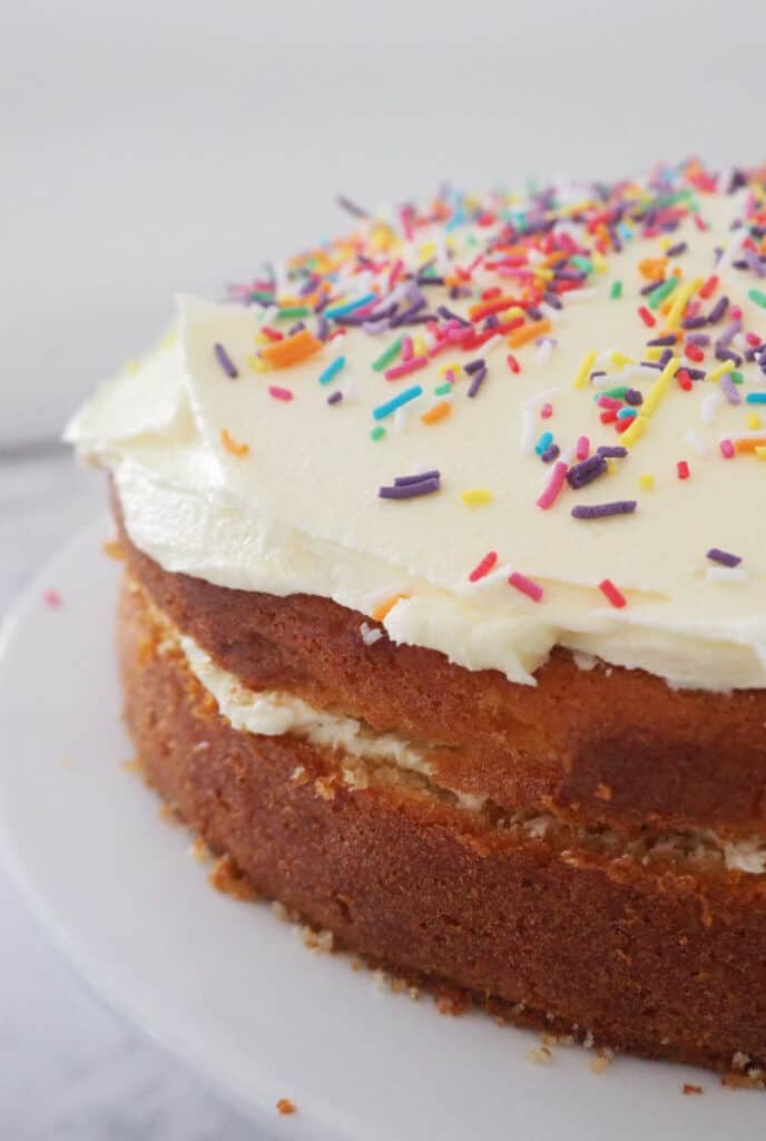 Close up of Butter Cake on white serving plate