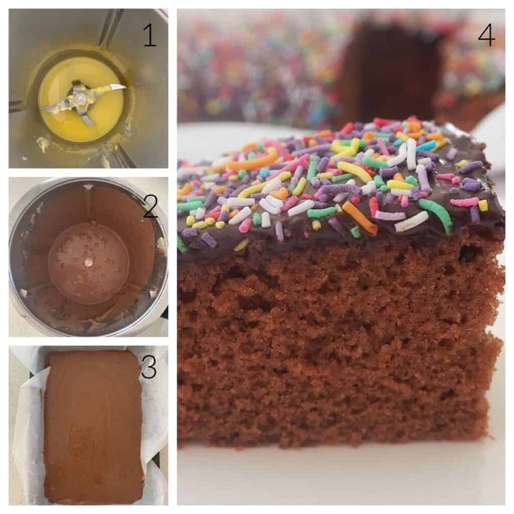Collage showing steps to make a chocolate cake in a Thermomix