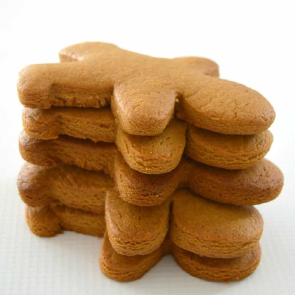 Gingerbread men stacked in a pile.
