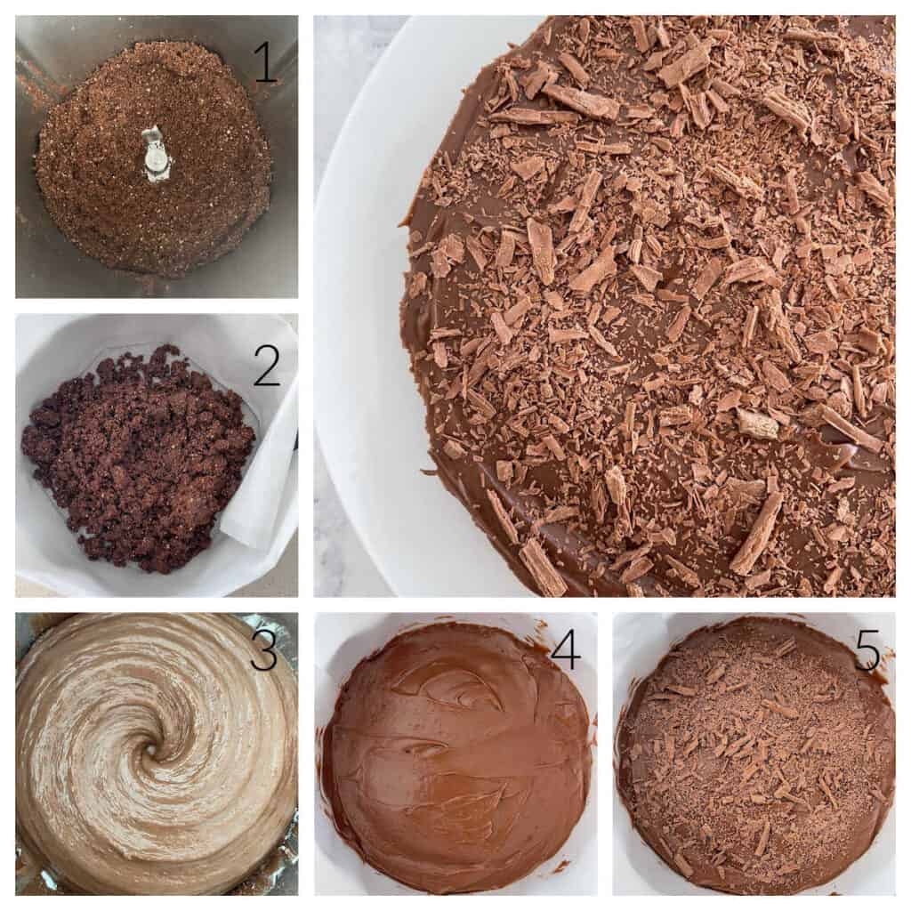 collage of steps to make a Nutella Cheesecake in a Thermomix