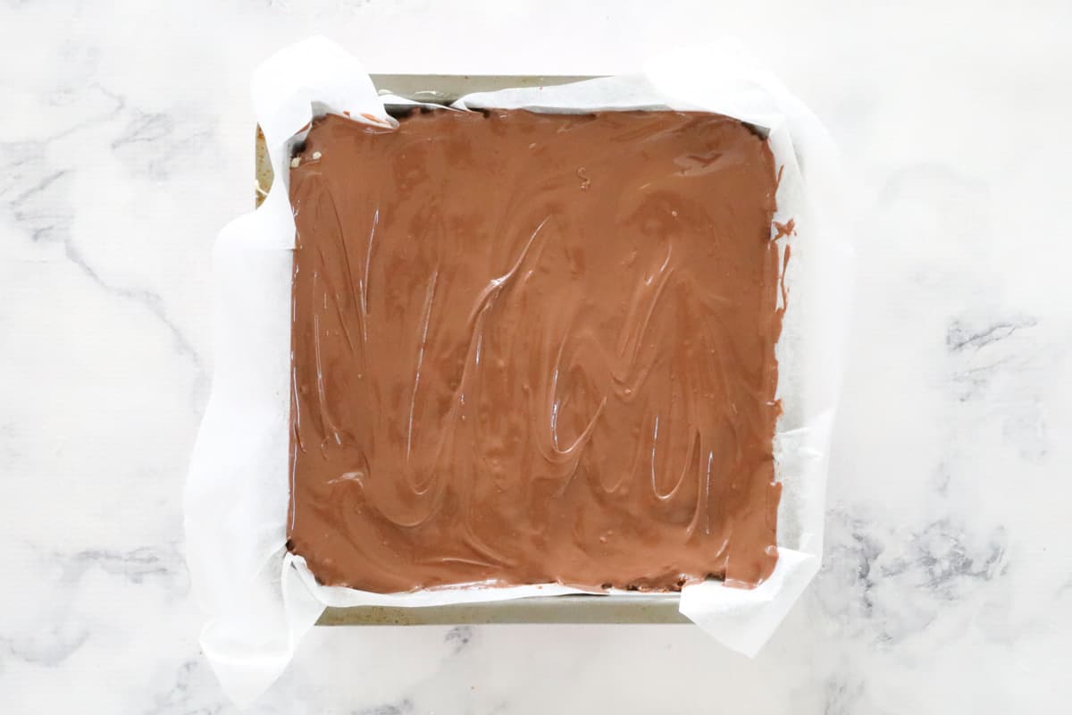 Chocolate coated slice in a baking tin.