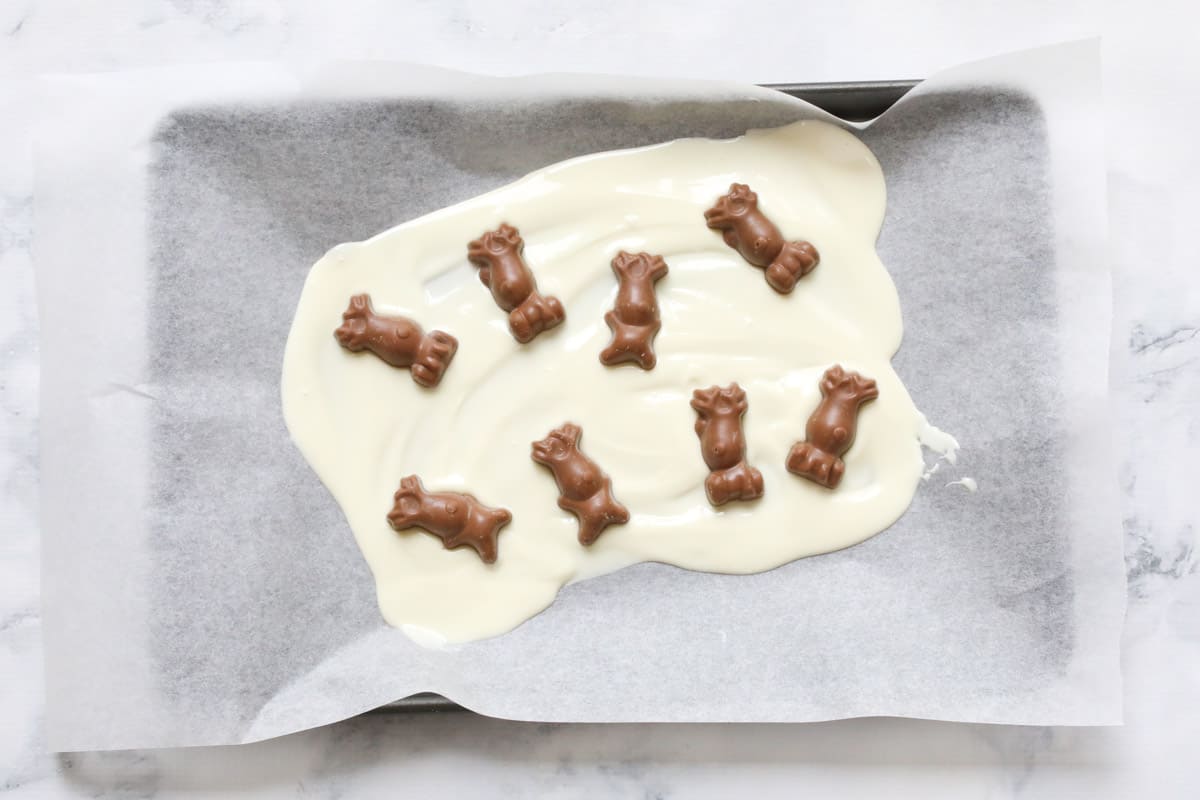 Malteser reindeers on white chocolate.