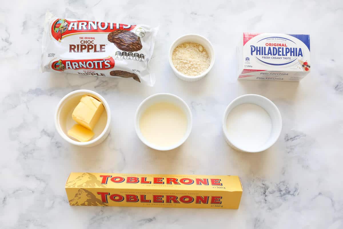 The ingredients for Toblerone cheesecake.