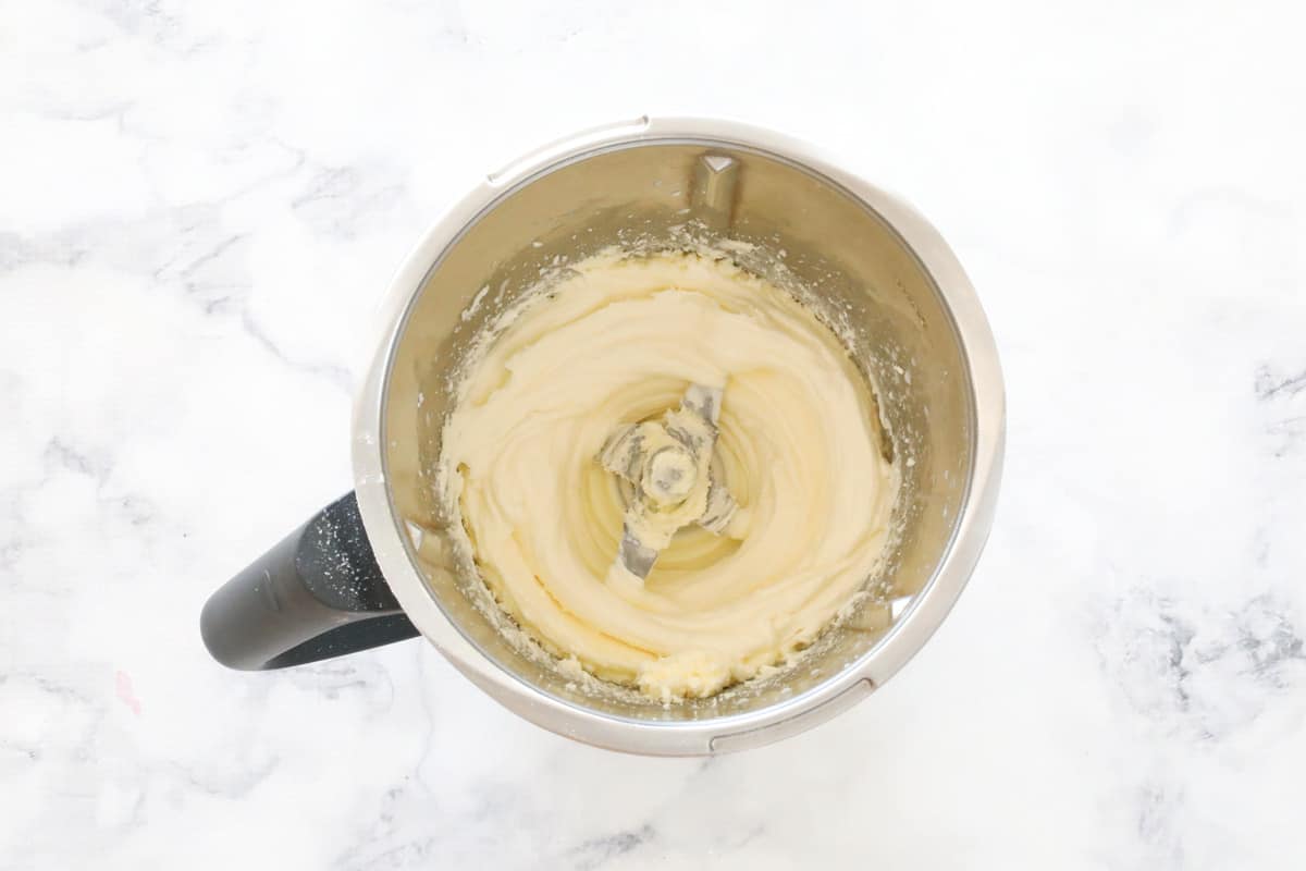 Buttercream frosting in a Thermomix bowl.