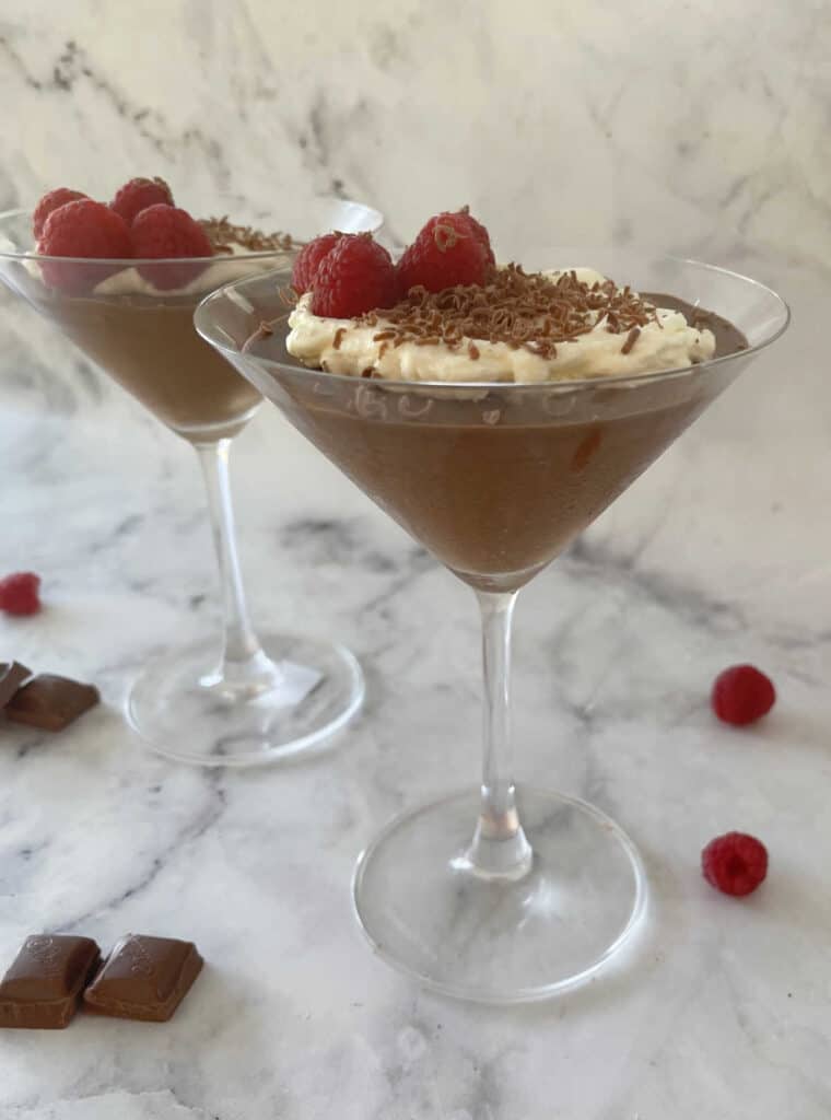 side view of chocolate mousse in martini glass