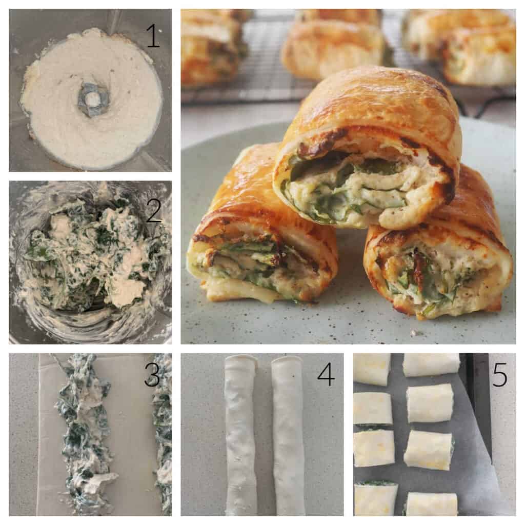 Collage showing the steps to make a spinach and ricotta rolls in the thermomix.