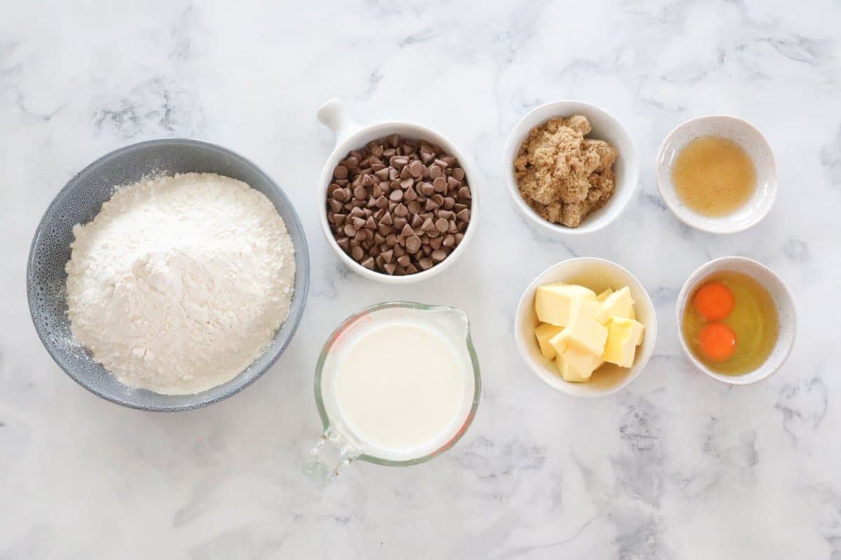 The ingredients for chocolate chip muffins.
