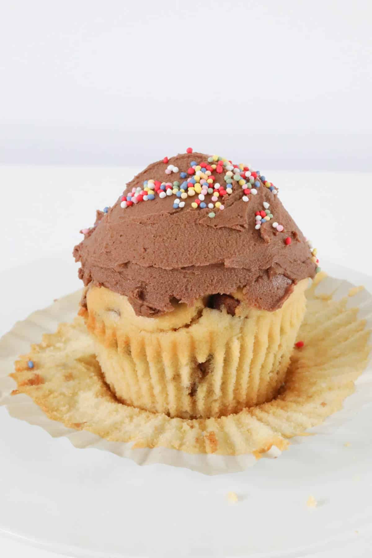 Chocolate frosting on a chocolate chip cupcake.