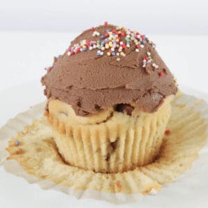 Chocolate frosting on a chocolate chip cupcake.