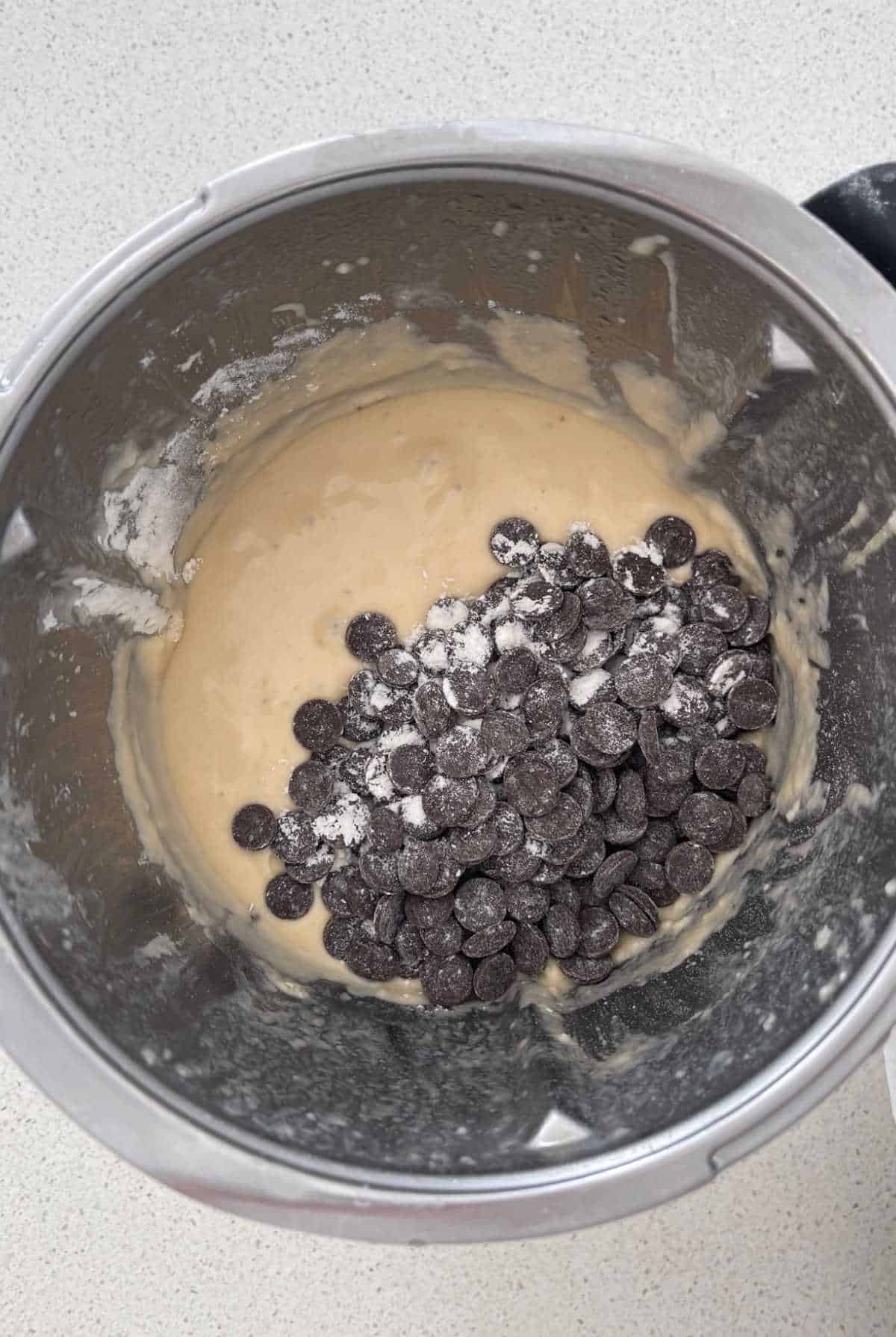 chocolate chip banana bread mixture in a thermomix bowl.