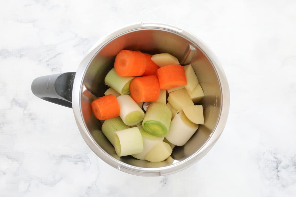 Vegetables in a Thermomix bowl.