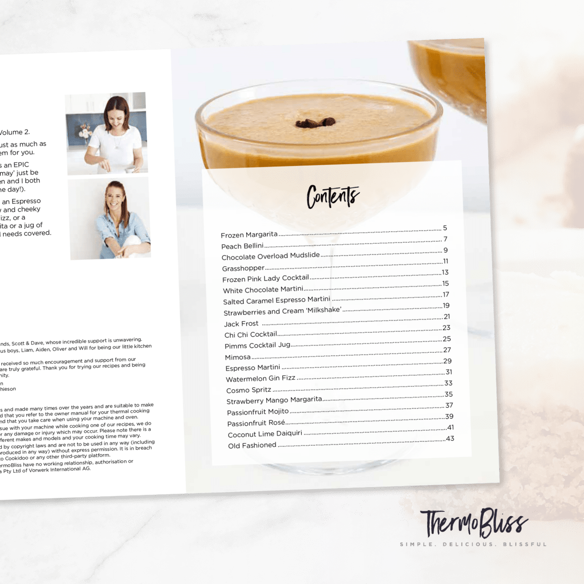 Image of the contents page from Thermomix Cocktails Cookbook Volume 2.