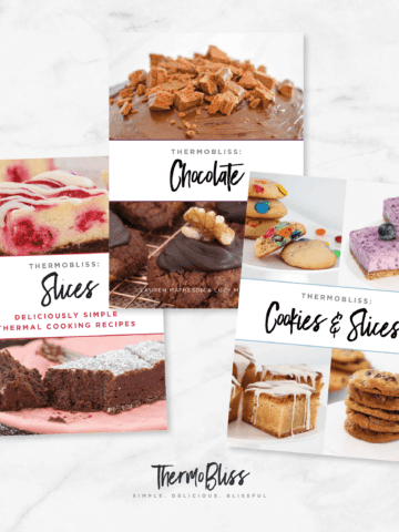 Image of Thermomix Slices, Chocolate & Cookies and Slices Cookbook Bundle covers on a marble look background.