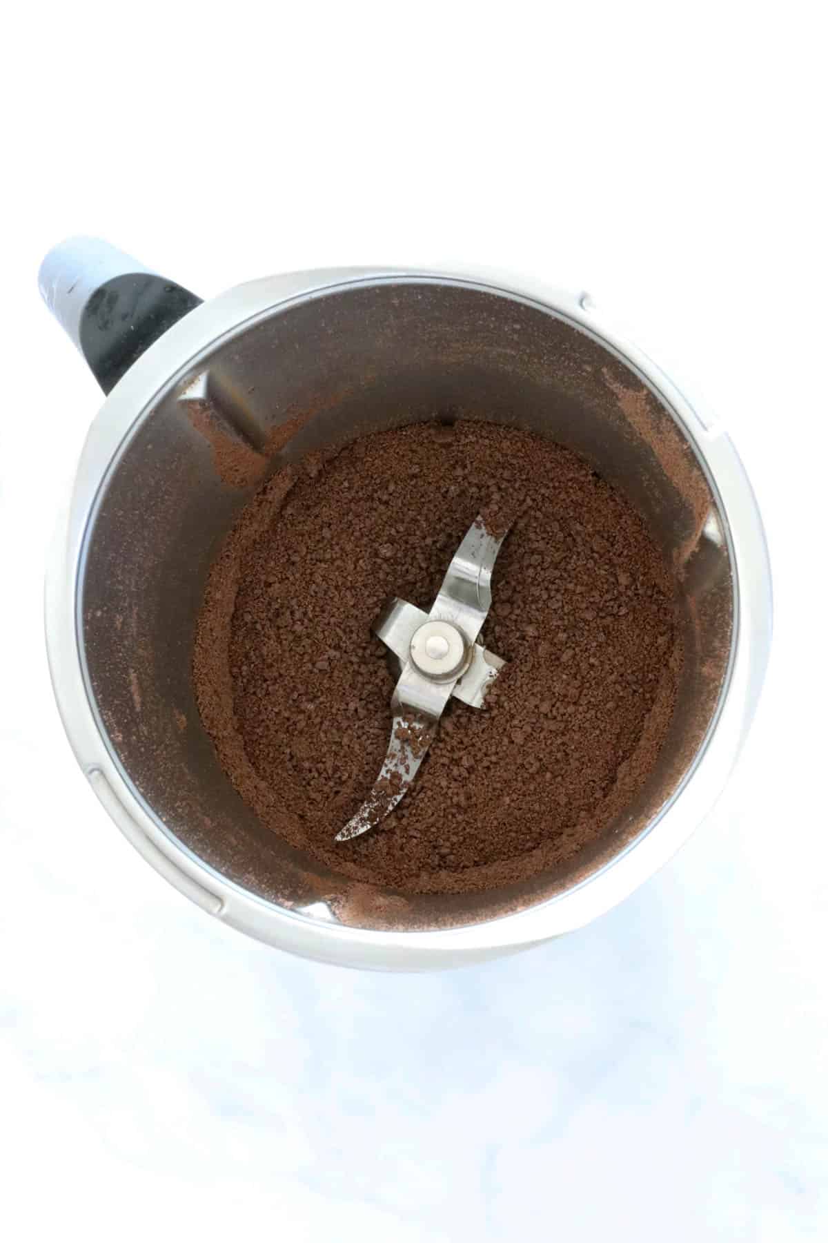 Grated chocolate in a Thermomix.