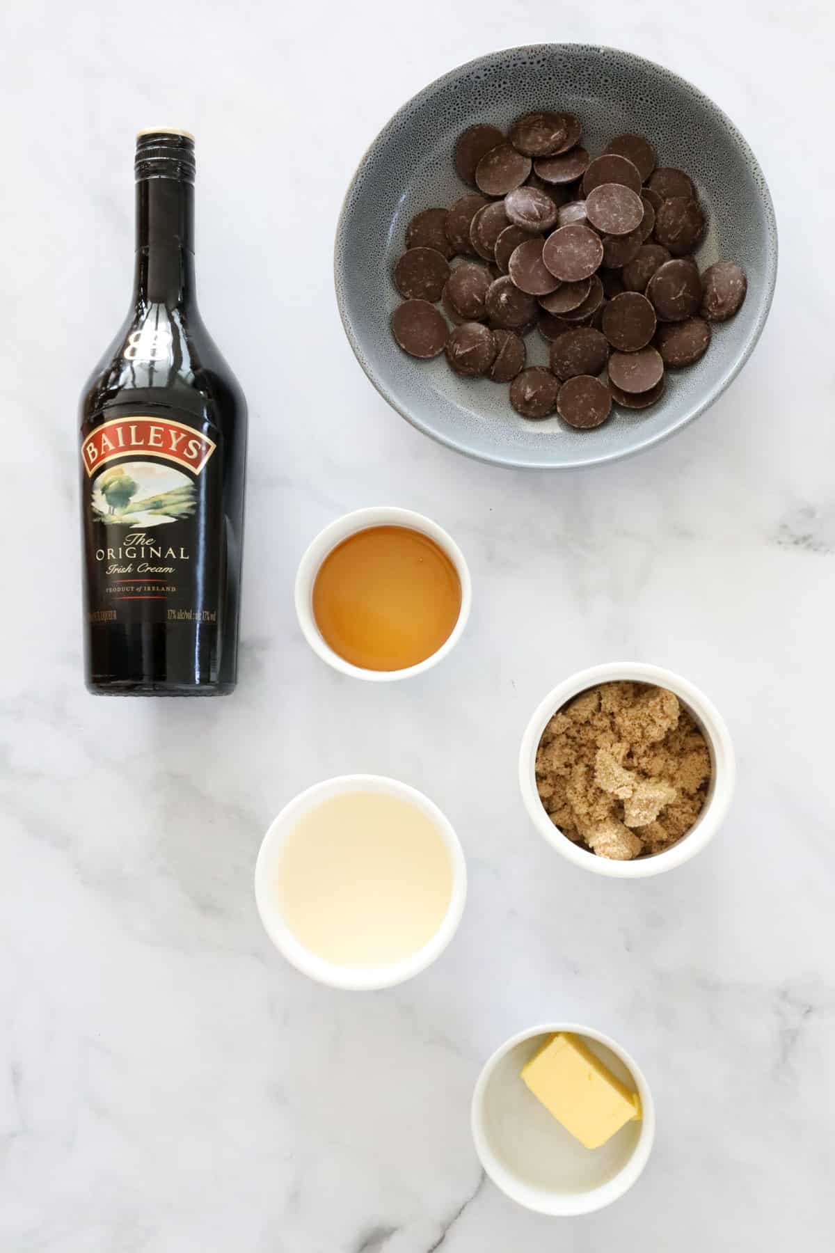 The ingredients for chocolate Baileys fudge sauce.